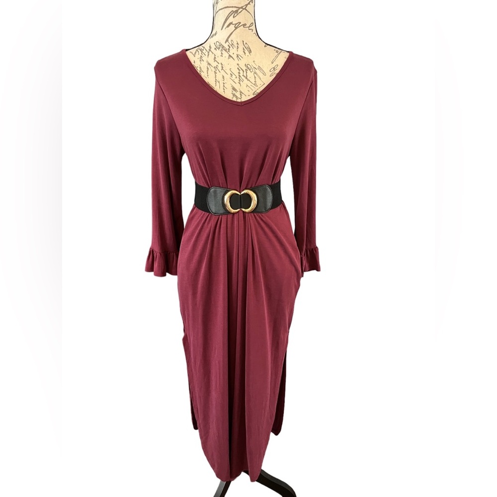 NWT Jodifl Burgundy Long sleeves Dress Boutique Size Small Pockets Midi Casual